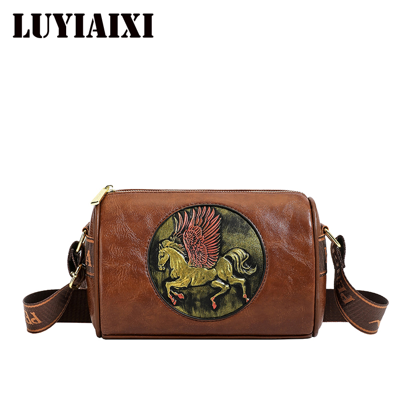 Leatherwork Flowers - Retro Kabartmalı Çiçek Deri Omuz Çantası